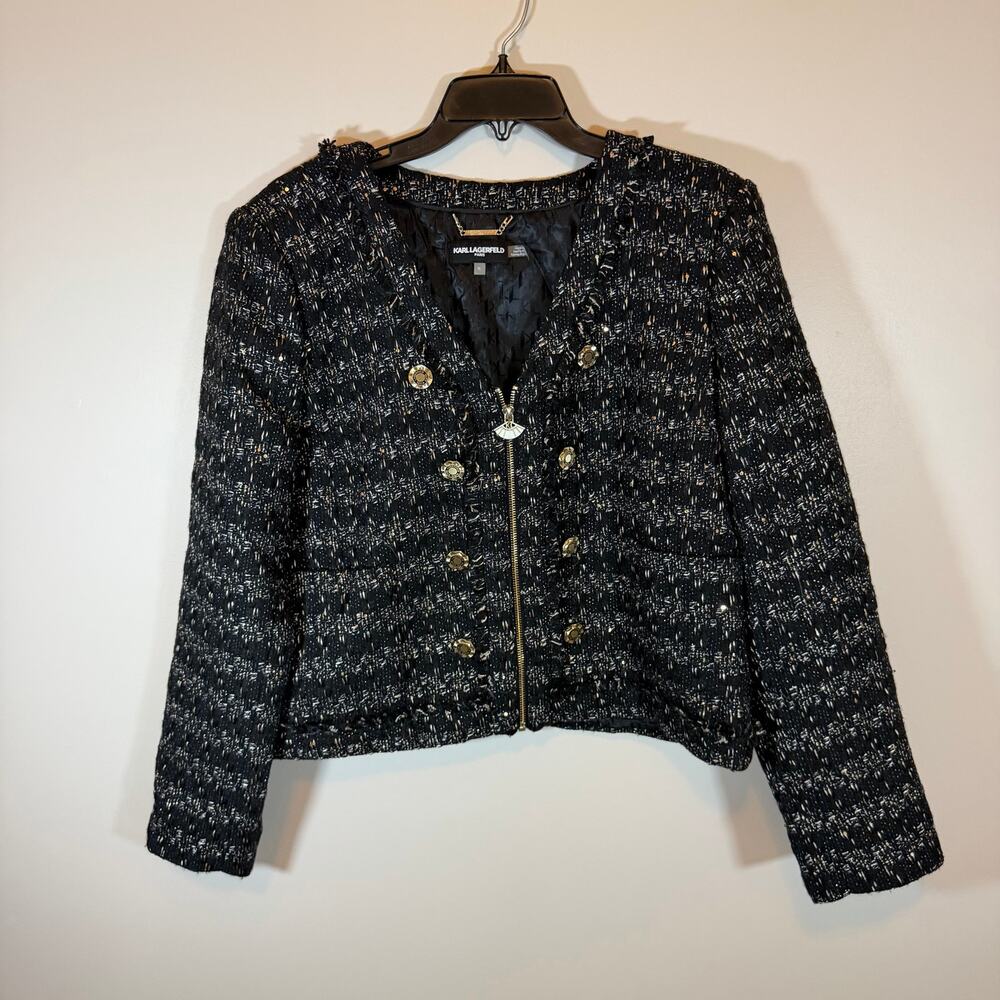 NWOT Karl Lagerfeld Womens 16 Tweed Jacket Blazer Wool Blend Black Gold Metallic